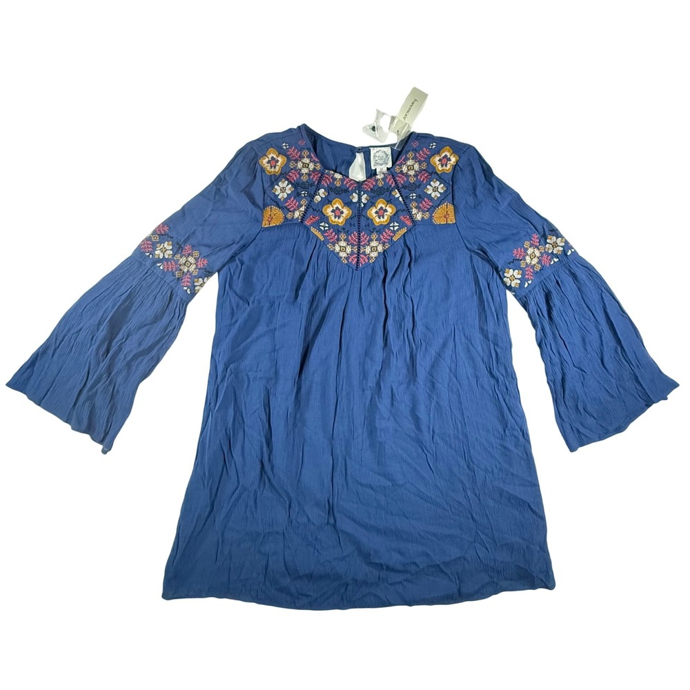 NWT Blue Rain Francesca's Boho Embroidered Tunic Womens M Blue Bell Sleeve Folk